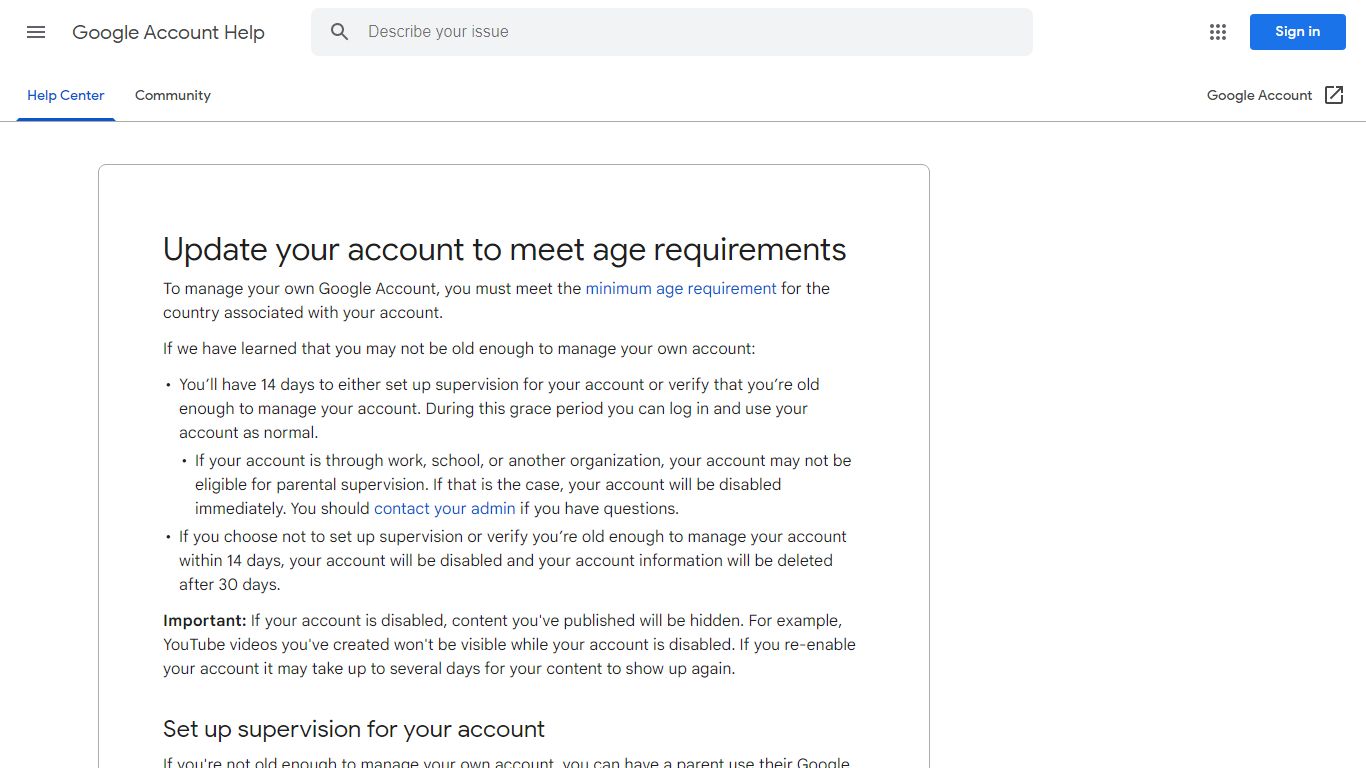 Update your account to meet age requirements - Google